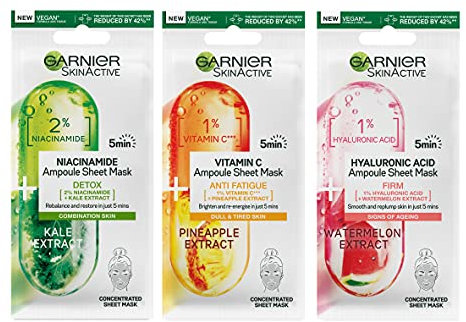 Garnier Ampoule Sheet Masks, Set Of 3 - 1% Vitamin Cg + Pineapple To Brighten Skin, 1% Hyaluronic Acid + Watermelon To Replump Skin, 2% Niacinamide + Kale To Rebalance Oily Skin, Fast Action 5 mins.