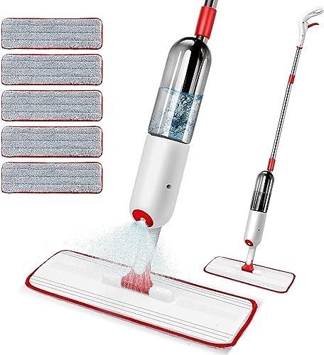 Myiosus Balai Serpillère Vaporisateur en Microfibre, Balai Lave Sol avec Vaporisateur et Réservoir, Balai Spray Mop avec 5 Tampons de Vadrouille Lavables pour la Maison, Le Bois Dur, Le Stratifié