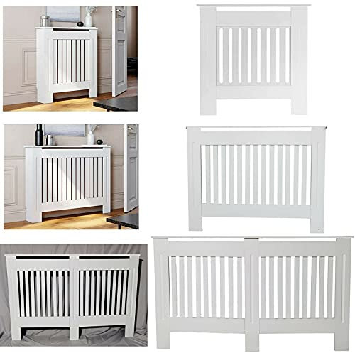 DayPlus Radiator Covers White Tall Slatted Shelf Cabinet MDF Modern Painted Cabinet Living Room Furniture Heating Grill Wall Radiator Cover Traditional Heater Medium-H 82 x W 112x D 19 Cm