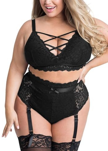 Plus Size Lingerie Set for Women, Sexy Luxe Criss-cross Bra Set Lace Cups Classic Underwear with High Waisted Suspender Thong(Black,XL,828w)