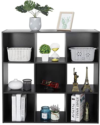 ZenStyle 9 Cube Storage Shelf Organizer, Wooden Bookshelf System Display Cube Shelves Compartments, Customizable W/ 5 Removable Back Panels (Black)