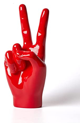NENBOLEC Siegeszeichen Hand Skulptur Figur Modern Deko Finger Statue 28cm | Glänzend Rot Resin V-Zeichen Ornament Geburtstag Geschenk Handgefertigte Arts für Tisch Bücherregal Schreibtisch