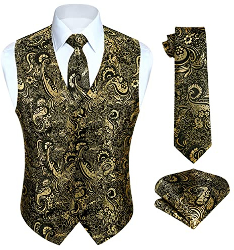 HISDERN Herren FLoral Hochzeit Weste Krawatte Einstecktuch Taschentuch Jacquard Weste Anzug Set