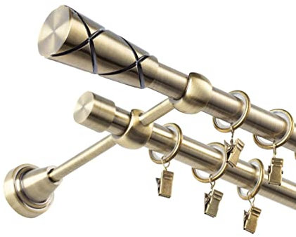 Fenster DEKOR - Gardinenstange Wandmontage 2-läufig 240 cm - Vorhangstange aus Stahl mit 48 Ösen und Clips - Gardinen Stange Gold - Gardinenstangen im Set mit Dübel - Elegante Vorhangstangen