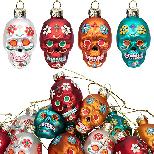 12 ornamenti in vetro con teschio di zucchero Dia De Los Muertos, ornamenti a forma di testa di scheletro da appendere per Halloween, decorazioni da appendere all'albero di Natale, 12 pezzi