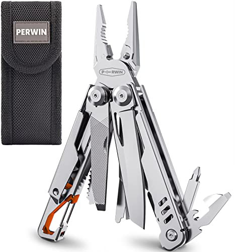 PERWIN Multitool Edelstahl Multi-Tool Zange 13-in-1 mit Scheide, sichere Verriegelung, Karabiner, Profi-Taschenwerkzeuge für Angeln & Camping