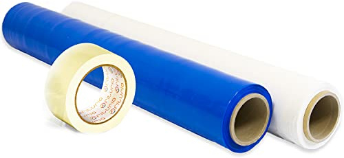 Confezione da 2 pellicole di imballaggio di colori + nastro adesivo trasparente, rotolo elastico 50 cm estensibile fino a 300 m - Ofituria (blu, bianco + nastro trasparente)