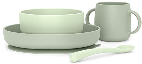 Suavinex, Stoviglie per Bambini in Silicone, con Ventosa Resistente. Include: Ciotola da 350 ml + Piatto da 400 ml + Tazza da 240 ml + Cucchiaio, +4 Mesi. Colour Essence, Verde