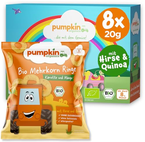 Pumpkin Organics Baby Bio Knabbersnack 8x Mehrkorn Ringe Karotte Mango | Mehrkorn Snackfreude ab 8 Monaten, gepufft, allergenfreier², glutenfreier³ Bio Beikostsnack ohne Salz- oder Zuckerzusatz¹