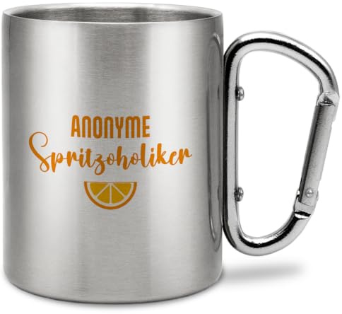 Prozente Momente Anonyme Spritzoholiker | Edelstahl-Trinkbecher mit Karabinerhaken | Geschenkidee | 330 ml | Becher | Camping | Vereine | Silber