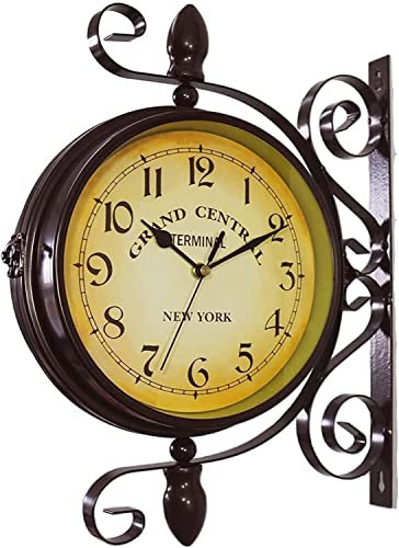 Retro Bahnhofsuhr Retro-Doppelseite rotierende Wanduhr, 360 ° Rotation hängende doppelseitige Uhr, wand montierte Retro-Zentralstationuhr, for Terrasse Garten Wohnzimmer im Innenbereich/Outdoor Dekor