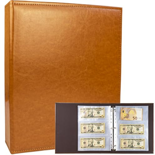 A4 3 ringbindemedel valutalbum med 30-pack 180 fickor påfyllningssidor, PU-läder sedelsamlarbok, samla euroer, papperspengar, utländsk valuta och kuponger brun