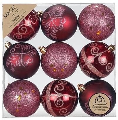 Weihnachtskugeln Kunststoff 6cm 9er Set - bruchsicher & mit Glitzer Muster - Christbaumkugeln für Weihnachtsbaum - Weihnachtsbaumkugeln & Christbaumschmuck Dunkel Weinrot - Bordeaux Red