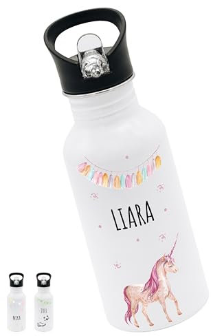 Bärenfreunde® - Personalisierte Trinkflasche Kinder Edelstahl [ 500ml ] - Robuste Trinkflasche mit Namen - Wasserflasche mit Trinkhalm - Personalisierte Geschenke für Kinder (Einhorn Girlande)