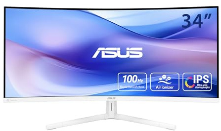 ASUS 34” Ultra-Wide Curved Eye Care Monitor (VU34WCIP-W) – WQHD (3440x1440), 1500R Curvature, Frameless, 100Hz, Nano-ion, SmoothMotion, Eye Care Plus, USB-C PD 65W, Speakers, 3 yr Warranty