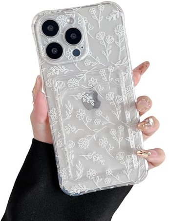 DEFBSC for iPhone 15 Pro Clear Case with Card Holder, Sketch Flower | Cute Floral Pattern Design Transparent Card Slot Back Wallet Phone Case,Ultra Slim Soft TPU Shockproof Cover for Women Girls