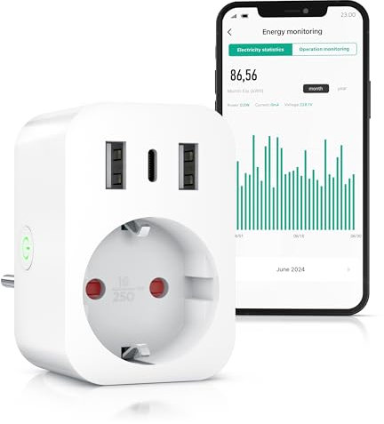 CSL - WLAN Steckdose mit USB - Smart Life - Strommessung - USB Ladegerät - WiFi Fernsteuerung per Smart life App – Sprachsteuerung Alexa Google Home - Energiekostenmessgerät Stromverbrauch