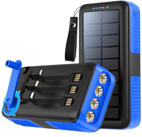 Banco de energía de Carga rápida, 30000 mAh de Gran Capacidad, con 3 Cables y Linterna Integrados, Paquete de manivela para Exteriores