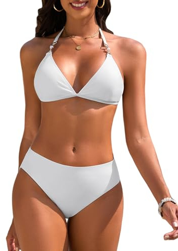 UMIPUBO Costume da Bagno Donna Due Pezzi Sexy Triangolo Top Costumi Bikini Set con Perline Brasiliano Reggiseno Coulisse Spiaggia Beachwear(Bianco,L)
