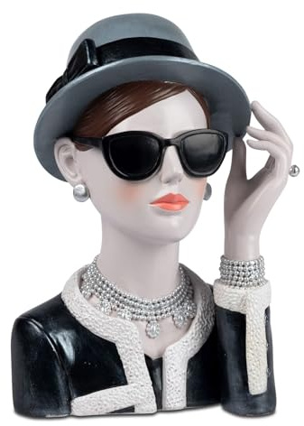 formano Deko-Büste Dame mit Hut + Sonnenbrille Handbemalte Damenfigur 27 cm Frau - Edle Skulptur aus Kunststein - Vintage-Deko im Audrey Stil - Elegante Geschenkidee für Frauen & Designliebhaber
