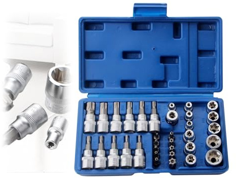 GOEDCH Chrom-Vanadium Torx Steckschlüsselsatz: 34-teiliger Nuss-Steckschlüssel Satz, Professionell Torx Innensechskant, Innen Außen Steckschlüssel für Kfz-Werkstatt, Auto & Industrie (21.5×14×4.5cm)