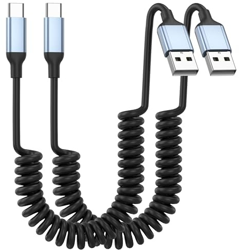 Coiled USB C Android Auto Cable 2 Pack 3A PD Fast Charge 0.3-1m, Retractable USBC Car Charger Cable, Coiled USB A to USBC Short Car Charging Cord for iPhone 17/16/15 Samsung CarPlay