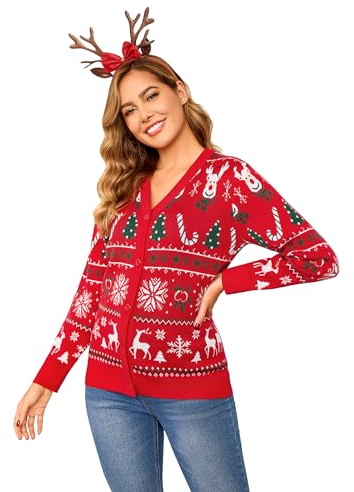 Totatuit Cárdigan de Navidad Mujer Elegante de Punto con Botones Cuello en V Suave Cálido Invierno Moda Festiva Rojo，XXL