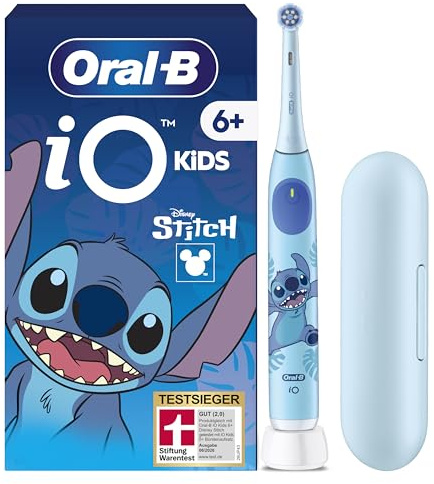 Oral-B iO Kids 6+ Disney Stitch Brosse à dents électrique, pour enfants à partir de 6 ans, avec 1 brossette, étui de voyage, minuterie musicale et 3 modes de brossage pour les soins dentaires, bleue