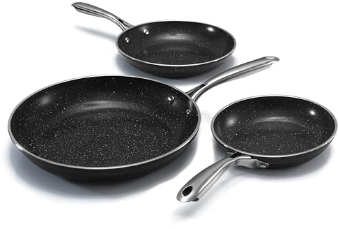 Granitestone Ceramic Nonstick Frying Pan Set 3pc 8/10/12 inch, Non Toxic Skillet Set, PFAS & PFOA Free, Scratch Resistant, Induction Compatible, Oven Safe to 500°F, Dishwasher Safe - Black