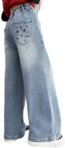Rolanko Vaqueros Baggy para Niñas, Cintura Alta Elástica Pierna Ancha Pantalones de Denim Loose Bootcut para Niños 6-15 Años, Azul Denim, 13-15 Años, 170