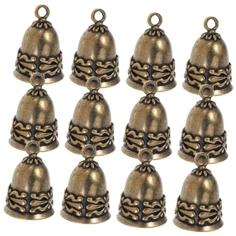 MALUGOGO 12 campane vintage in ottone da appendere per artigianato fai da te e campanelli a vento, piccoli ciondoli in ottone con suono melodico chiaro, campane decorative retrò per casa e giardino