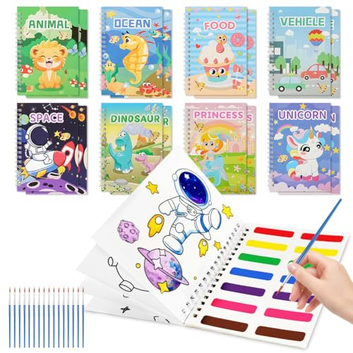 AOOTE Peinture avec Livres d'Eau pour Tout-Petits,16pcs Mini Livres de Coloriage pour Enfants avec 16pcs Pinceaus,Papier de Peinture Aquarelle Enfants pour Enfants 3-8 Ans Cadeau Artisanat d'Art