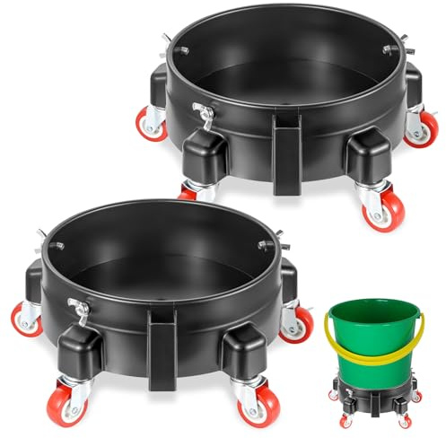 Teodute 2Pcs Heavy Duty Car Wash Bucket Dolly with 360° Swivel Casters, 5 Gallon Bucket Dolly, 300 lb Capacity, Secure Fit, Round Plastic Rolling Pail Stand for Car Washing, Auto Detailing