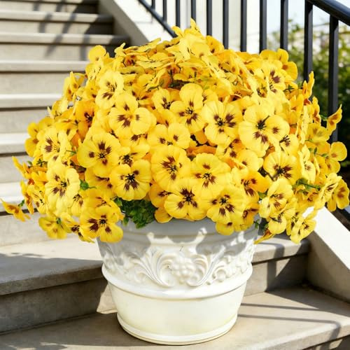 Homcomodar 15 Pcs Artificial Flowers for Outdoors Yellow Artificial Fake Pansy Flowers UV Resistant Silk Pansy Flowers for Outdoor Spring Garden Decor Porch Spring Garden Decor Window Boxes Patio