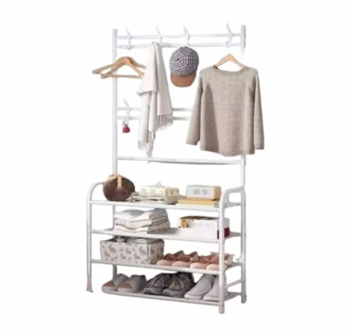Appendiabiti con Scarpiera 60x26x152cm, Guardaroba Salvaspazio con 4 Ripiani e Ganci, Stand Porta Giacche e Scarpe per Ingresso, Corridoio, Camera da Letto bianco