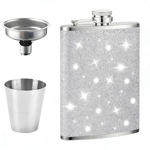 3-Piece Flask Alcohol, Silver Hip Flask Set with Funnel and Glass, Hip Flasks for Women, Hip Flasks for Men Portable and Durable for Outdoor Activities. A High-Value Gift Suitable for Valentine's Day
