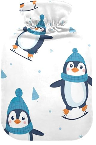 Wärmflasche mit weichem Bezug, Hand- und Fußwärmer, niedliche Pinguine, Weiß, Warmwasser-Wärmeflaschen für Menstruationskrämpfe, Schmerzlinderung, klein