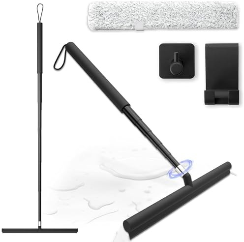 Qivine Rasqueta Limpiacristales Ducha con 146cm Mango Extensible, Limpiador Cristales Ducha de Silicona, Limpia Cristales Ventanas con Paños de Microfibra & 2 Ganchos, para Ventanas, Ducha y Espejo