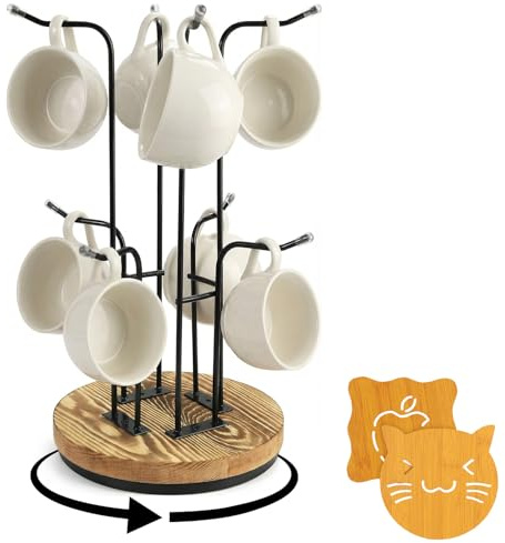 Mug Tree 8 Mugs - 360° Rotating Wooden Base Mug Stand with 2 Wooden Cup Pads, Kitchen Counter Coffee Cup Holder for Storage, Mugs Storage Rack for Kitchen Coffee Bar, Funny Gifts for Friend, Family