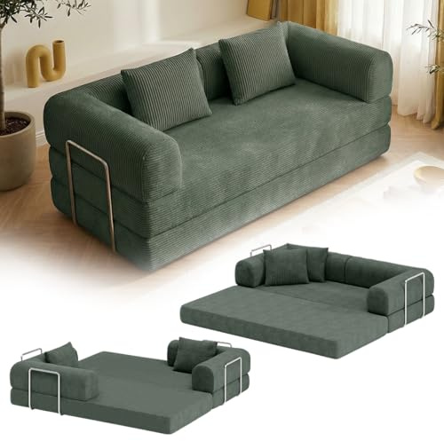 skølm Lofn Schlafsofa 2-Sitzer 200 cm, Cord Dunkelgrün, 2 Kissen, Klappsofa | Ausklappbare Couch zum Bodensofa, Vollschaumcouch Boneless mit Stahlgestell, Cordsofa Wohnzimmer, vakuumverpackt, Klappsofa