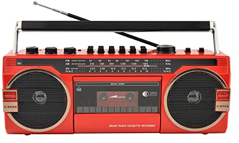 Portable Bluetooth Boombox with Built-In Stereo Speaker and Cassette Player, USB and TF Card Music Player, Bluetooth 5.0, Classic 80s Style Radio