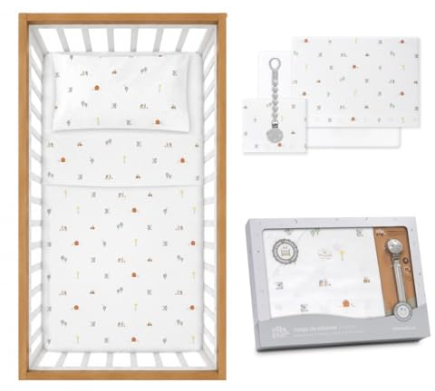 Danielstore Sábanas Cuna 60x120 Bebé – Juego Completo 100% Algodón Transpirable – Bajera Ajustable + Encimera + Funda Almohada – Ropa de Cama Suave- Incluye chupetero