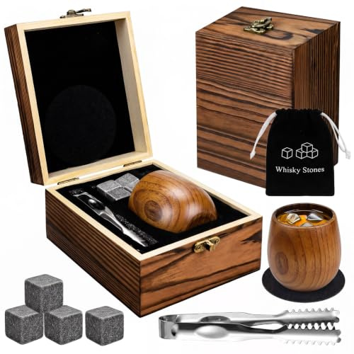 Wooden Whiskey Glass Set for Men- Whiskey Stones and Charred Wooden Glass, Coaster & Tweezer in Box, Bourbon Whiskey Tumblers Set, Old Fashioned Whiskey Gifts for Boyfriend Brother Husband Dad