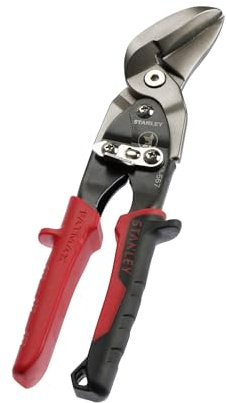 Stanley Maxsteel Blechschere (mit Durchlauf links, 250 mm Länge, Bi-Material Kunststoffhandgriff, chromveredelt, Einhandbedienung) 2-14-567 Red - Offset Left Cut