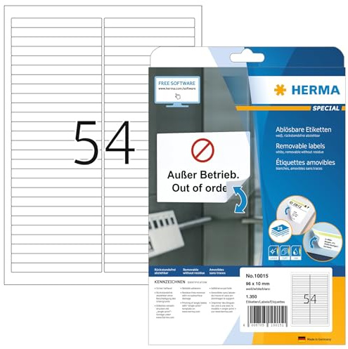 HERMA 10015 Beschriftungsstreifen ablösbar, 25 Blatt, 96 x 10 mm, 54 pro A4 Bogen, 1350 Stück, selbstklebend, bedruckbar, matt, blanko Papier Klebeetiketten Aufkleber, weiß