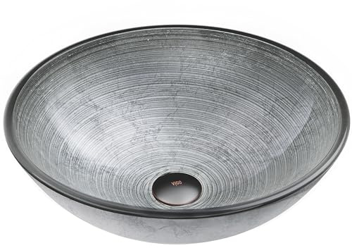 VIGO VG07053 Handgemachtes Glaswaschbecken mit rundem Gefäß, 41,9 x 41,9 x 14 cm, silberfarbenes Finish