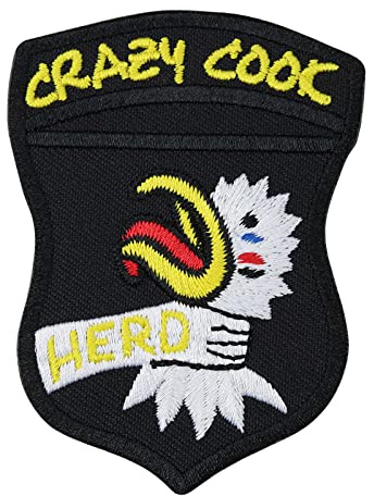 Spaß Küchen Aufnäher Huhn Kochen Patch Küchenchef Abzeichen- Crazy Cook Chicken Spicy - Meister-Koch Aufbügler Applikation zum aufnähen für Kochjacke/Schürze/Hemd - 78x60mm