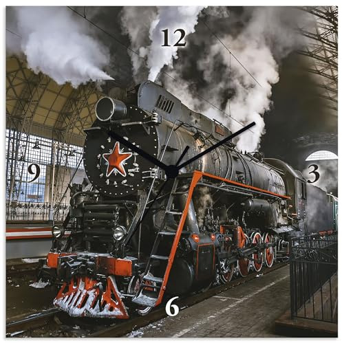 ARTLAND Wanduhr ohne Tickgeräusche Alu Quarzuhr 30x30 cm Quadratisch Lautlos Lokomotive Eisenbahn Retro Antik Klassisch S6AU