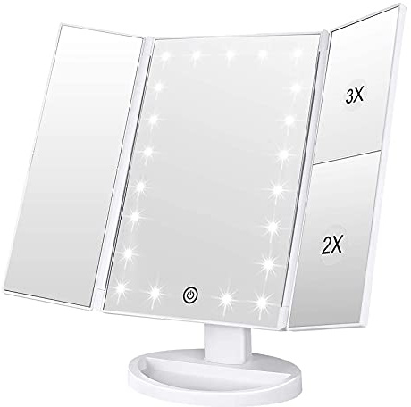 WEILY Makeup Mirror with 21 LED Lights,Two Power Supply Modes, Adjustable Touch Screen and 1x/2x/3x Magnification Tri-Fold Vanity Mirror,Chargeable Travel Cosmetic Mirror for Desktop(White)