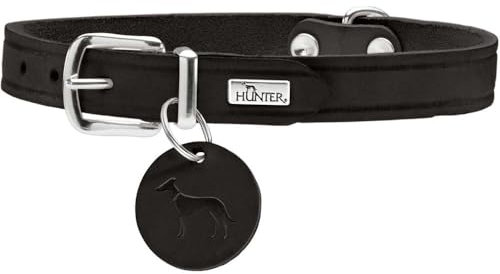 HUNTER Collare per cani AALBORG, colore: nero, pelle robusta e resistente, forte grasso, ideale per sport e tutti i giorni, con ciondolo in pelle, made in Germany, taglia 52